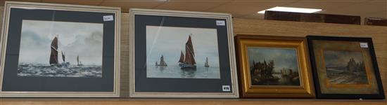 Alan Whitehead, sailing boats, watercolour, a pair, Hume Nisbet, Coastal Ruin, watercolour and a modern Dutch style oil on board 21 x